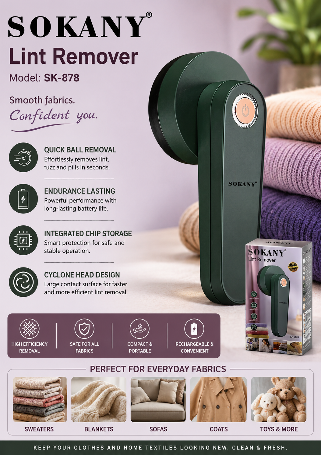 SOKANY Lint Remover | Integrated Smart Chip Safety System