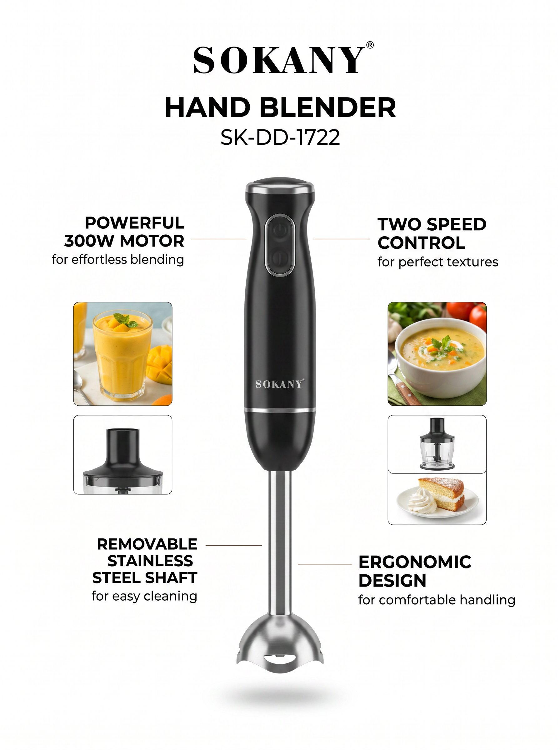 SOKANY Stainless Steel Hand Blender | 300W | Immersion Stick Blender