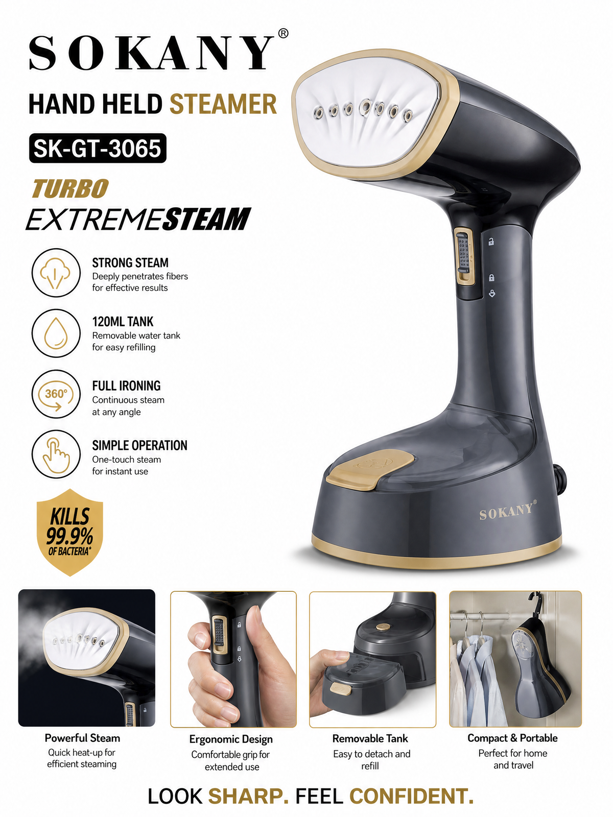 SOKANY Handheld Garment Steamer | Removable 120ml Water Tank | 360° Steaming Capability