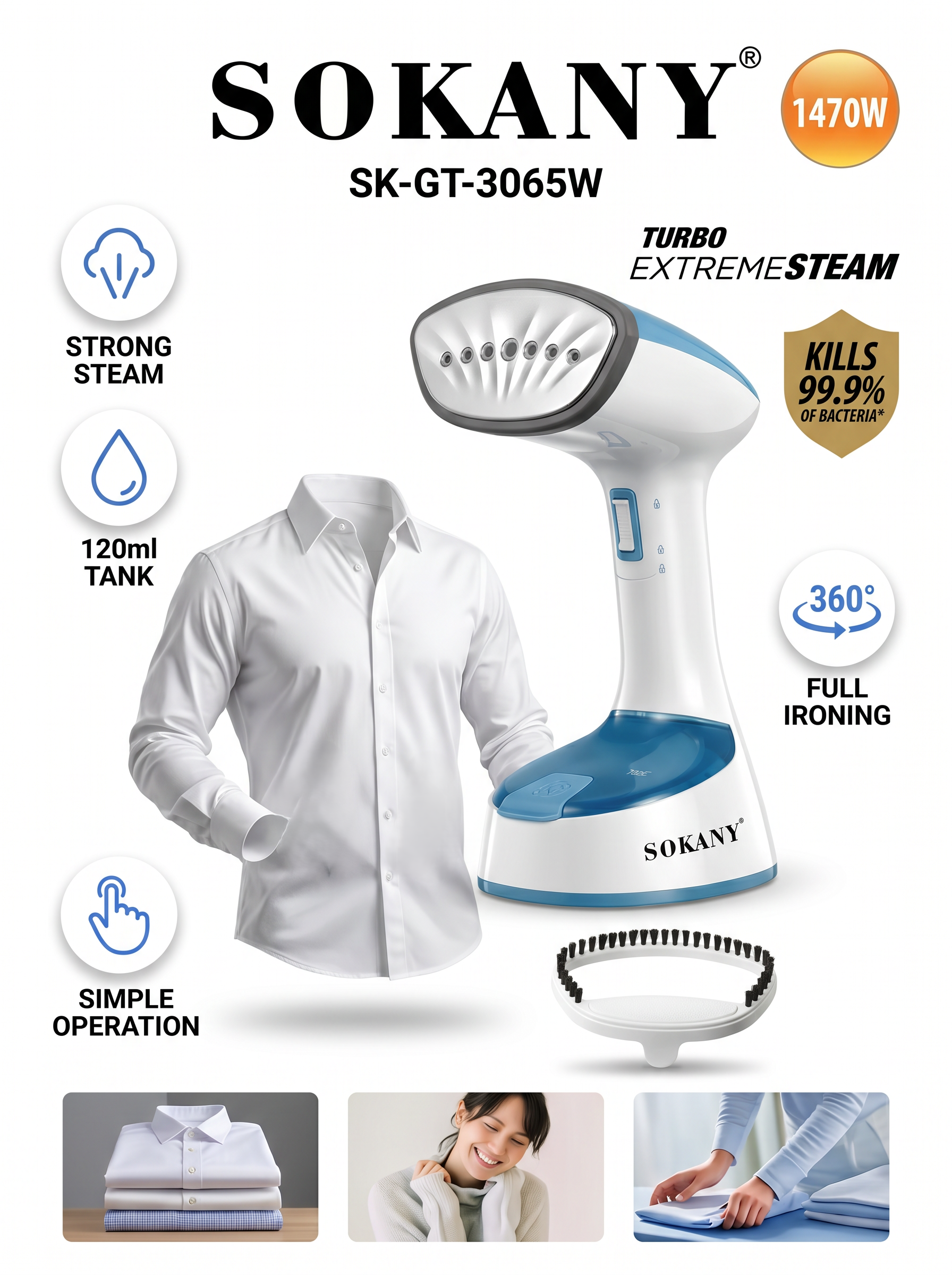 SOKANY Handheld Garment Steamer | 1470W Heating System |  360° Steam Capability