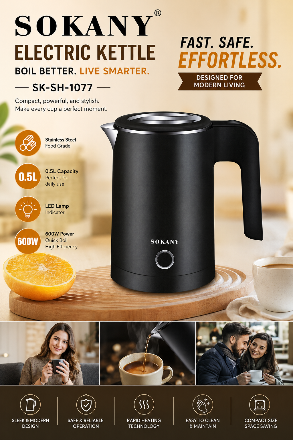 Sokany SK-1077 Mini Electric Kettle 0.5L 600W | Cordless Small Kettle