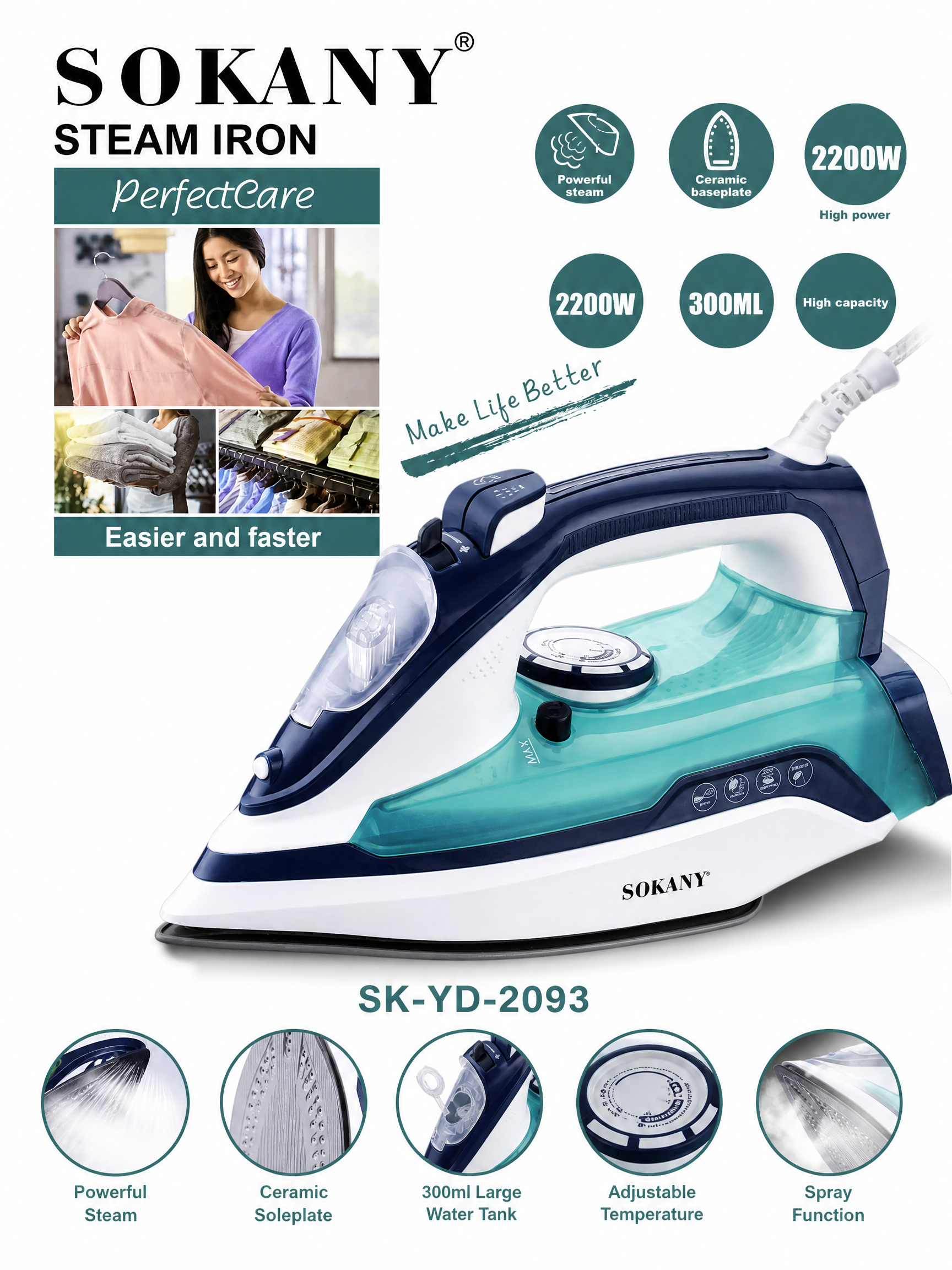 SOKANY Steam Iron | 2200W Heating Element | 300ml Water Tank