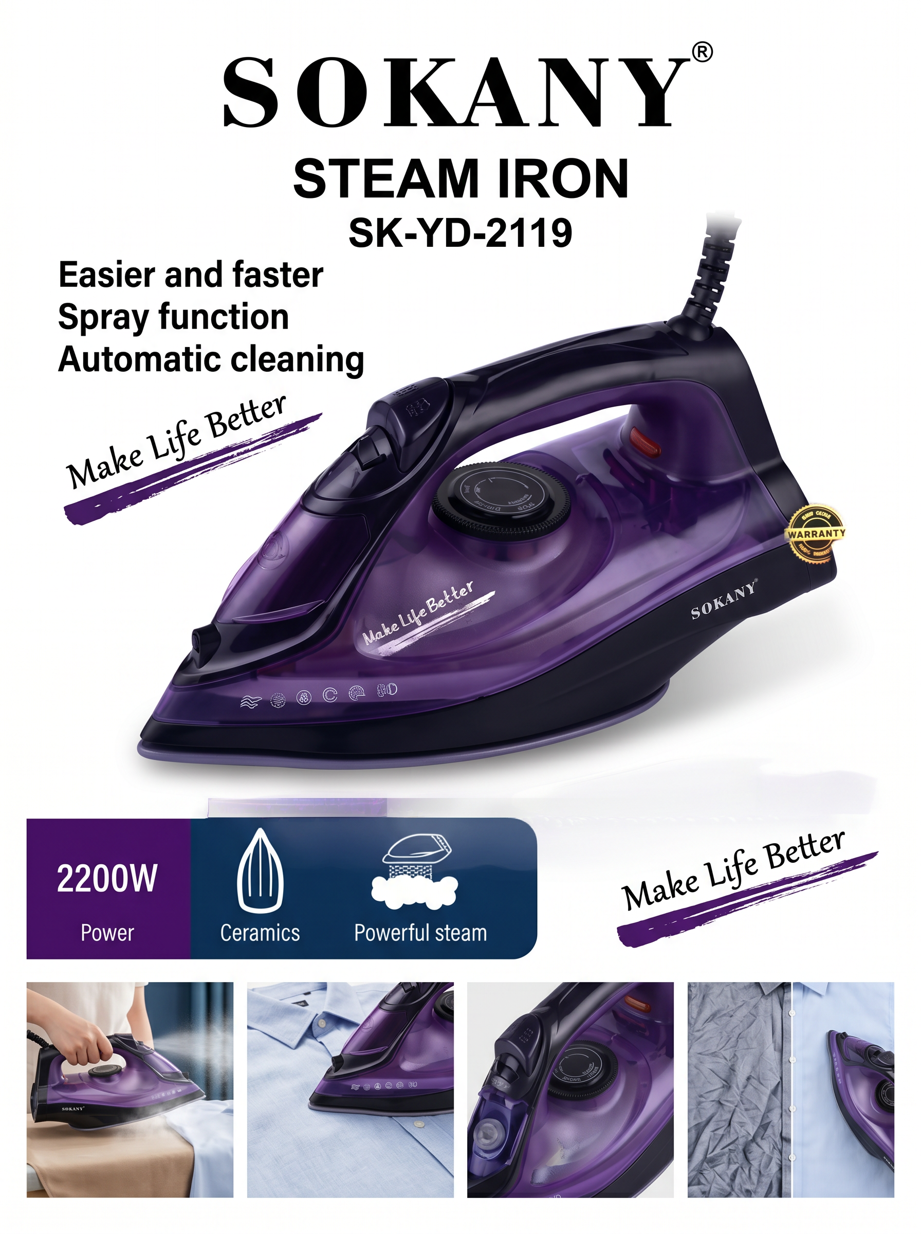 SOKANY Steam Iron | 2200W High Power | Spray Function
