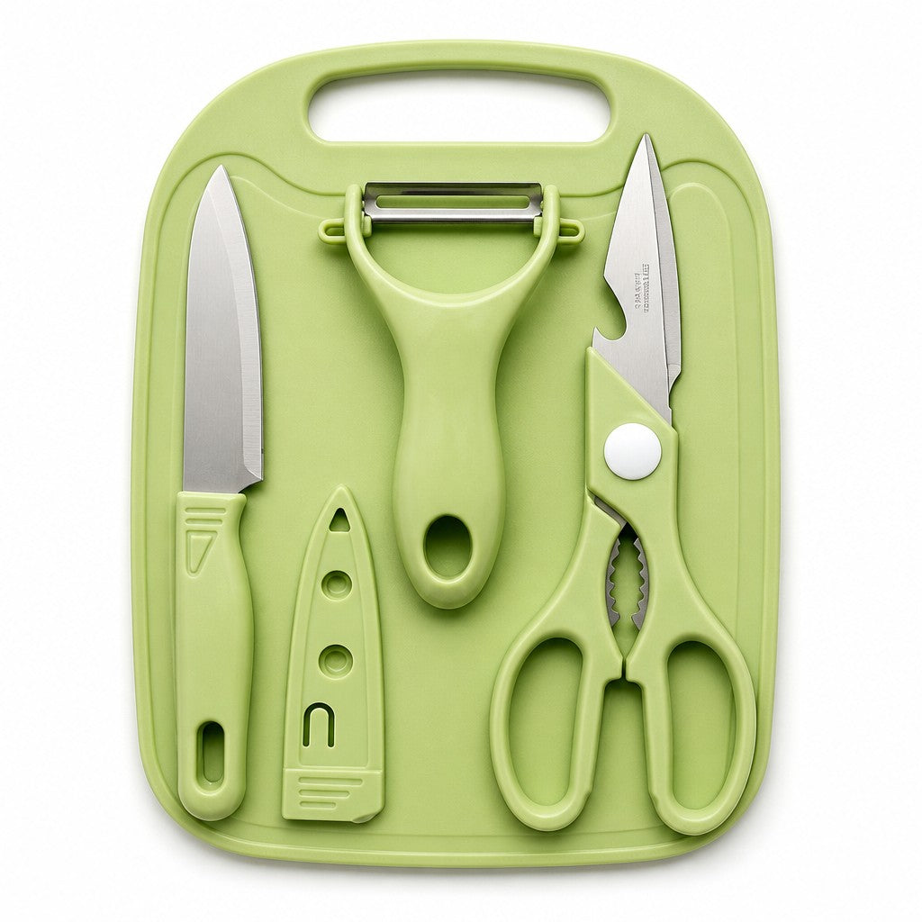 4 Piece Kitchen Prep Set – Cutting Board, Fruit Knife with Sheath, Peeler & Kitchen Shears