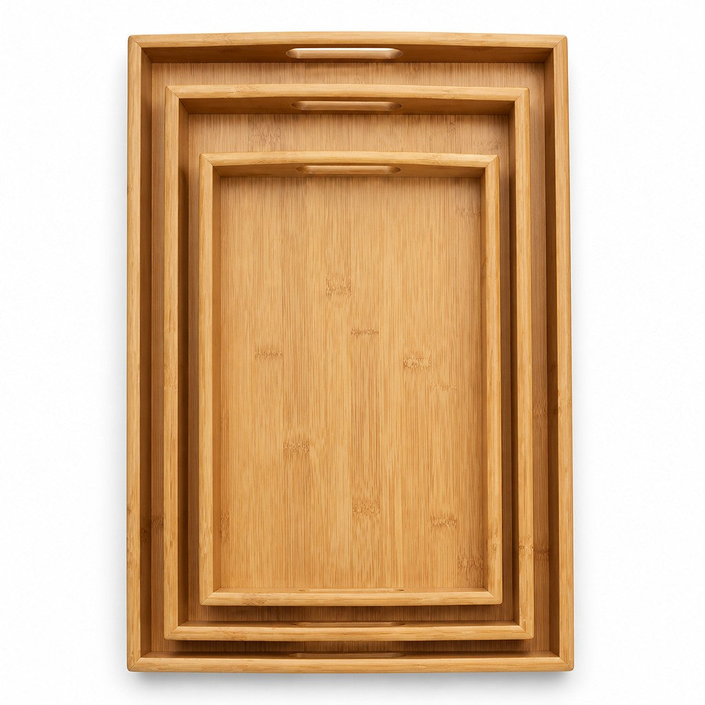 3 Piece Bamboo Serving Tray Set with Cutout Handles – Wooden Nesting Trays