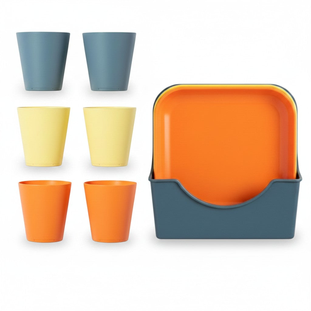 14-Piece Reusable Plastic Plates & Cups Set with Storage Caddy – Durable, Shatterproof Dinnerware