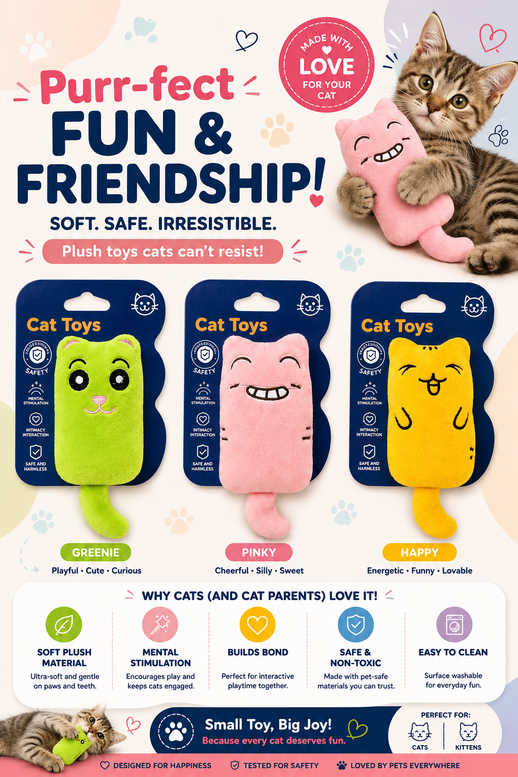 Plush Cat Toy With A Soft Plush Exterior And A Fun Cartoon Cat Shape