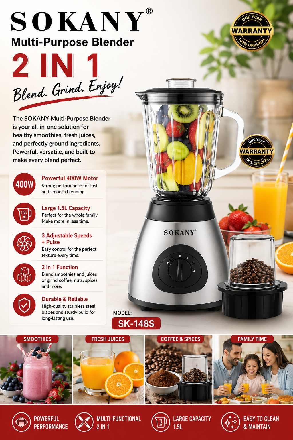 2-in-1 Multi-Purpose Blender | 1.5L Glass Jug & Coffee Grinder | 400W