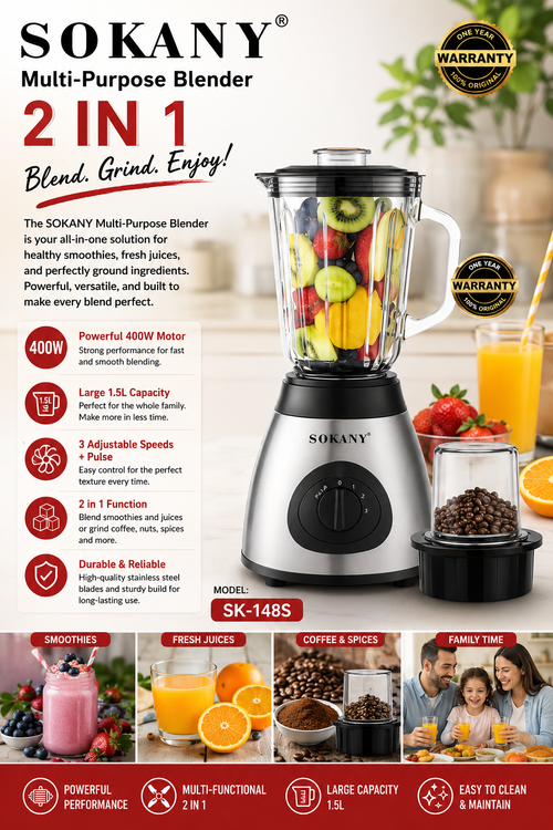 2-in-1 Multi-Purpose Blender | 1.5L Glass Jug & Coffee Grinder | 400W