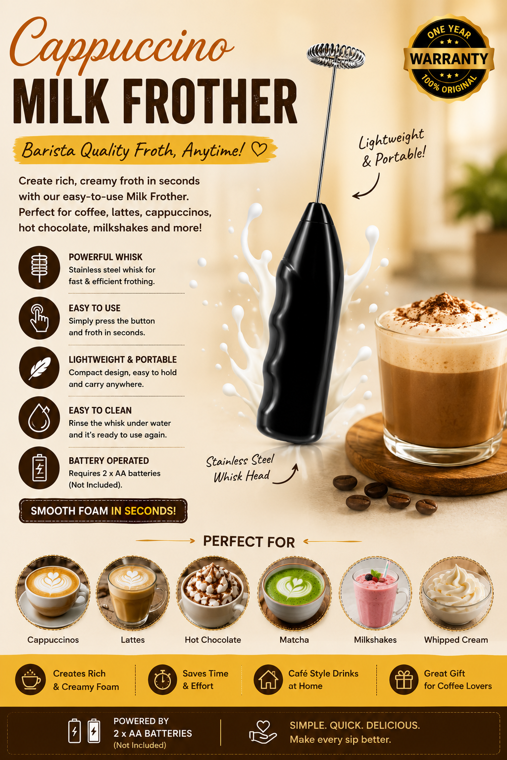 Cappuccino Milk Frother | Battery Operated | Easy One-Button Operation