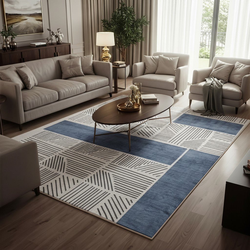 Modern Geometric Area Rug – Slate Blue & Grey Abstract Carpet