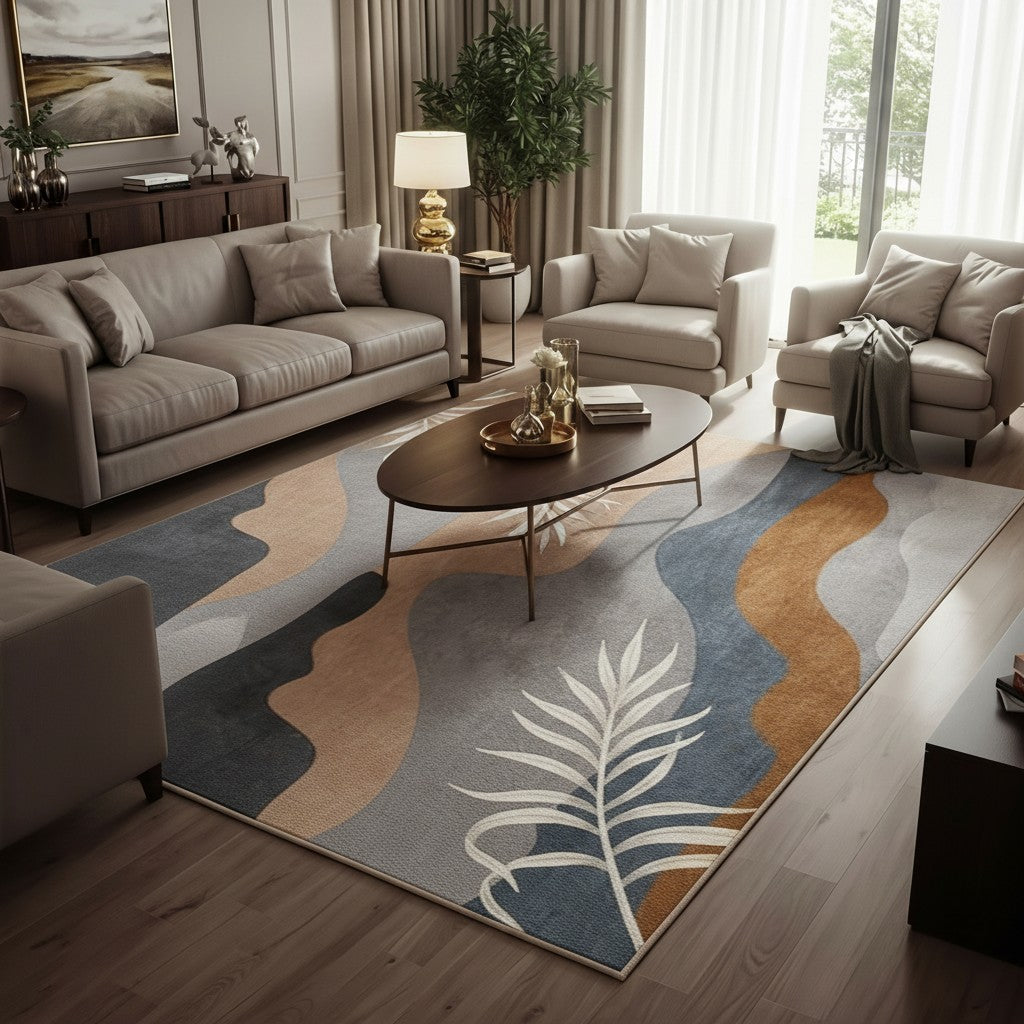 Modern Abstract Palm Leaf Area Rug – Terracotta, Slate & Grey Carpet
