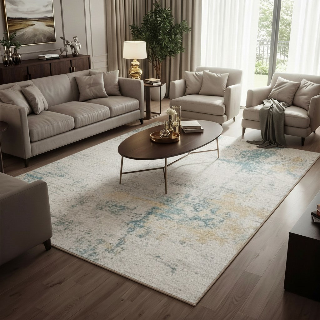 Abstract Distressed Area Rug – Teal, Gold & Cream Carpet