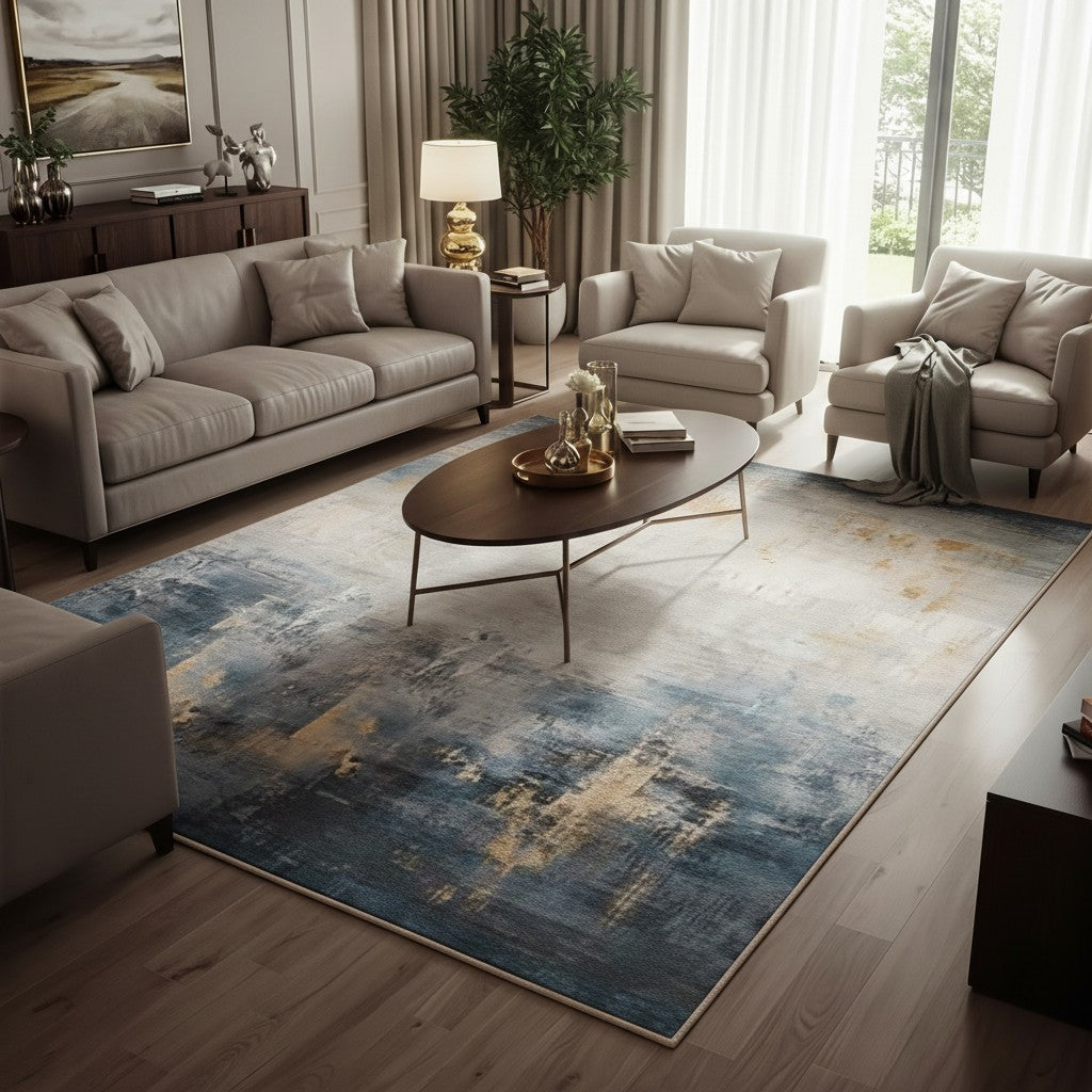 Abstract Expressionist Area Rug – Navy Blue, Gold & Silver Carpet