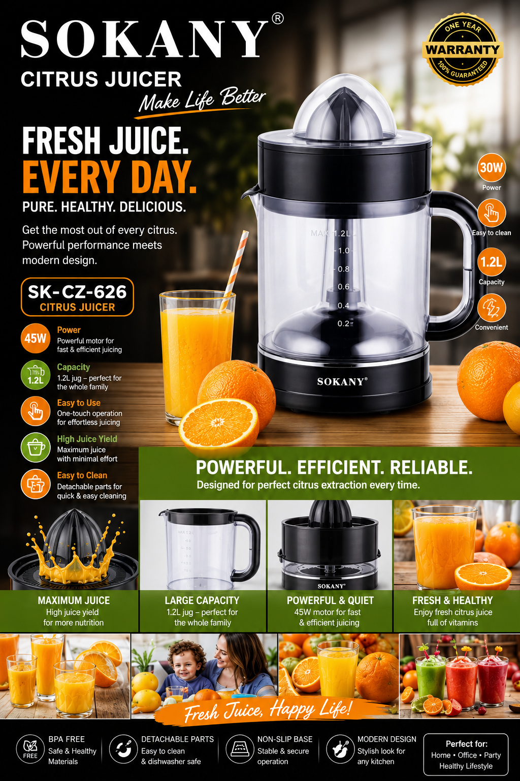 SOKANY Citrus Juicer | 1.2L Juice Jug | Simple One-Touch Operation