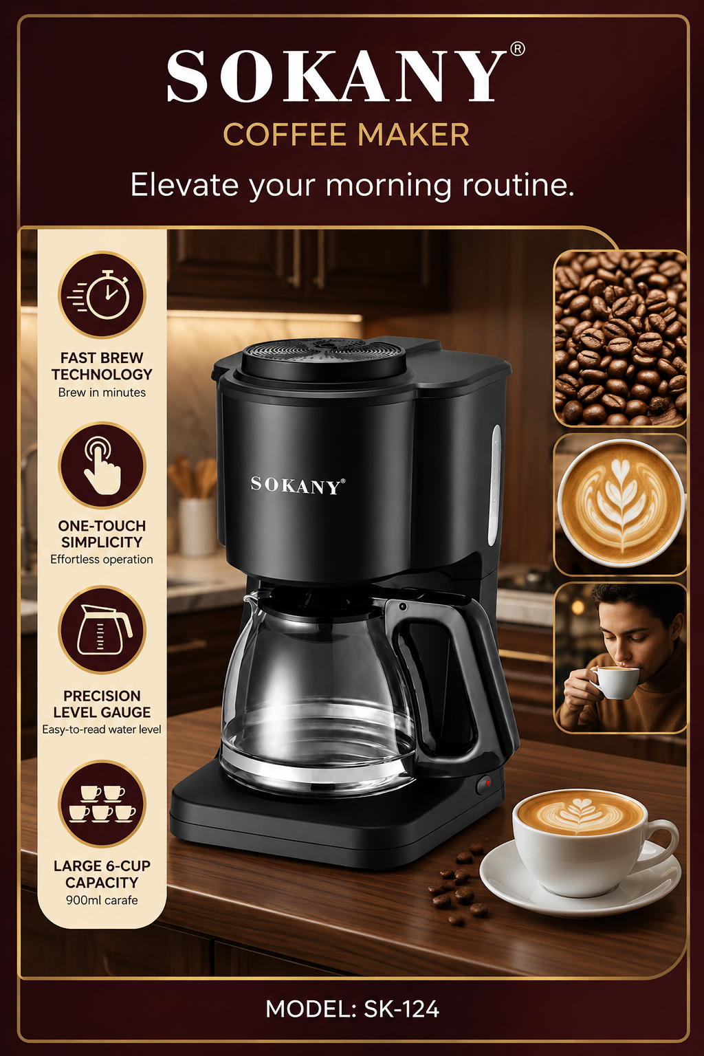 SOKANY Coffee Maker | One Touch Operation | 900ml Capacity
