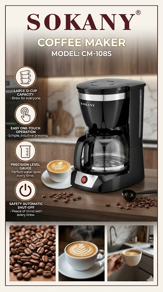 SOKANY Coffee Maker |  12 Cups Capacity | One-Touch Operation