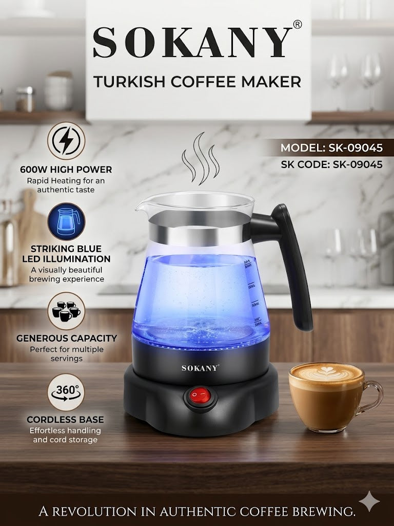 SOKANY Turkish Coffee Maker | 600W | Blue LED Illumination | 360° Cordless Base