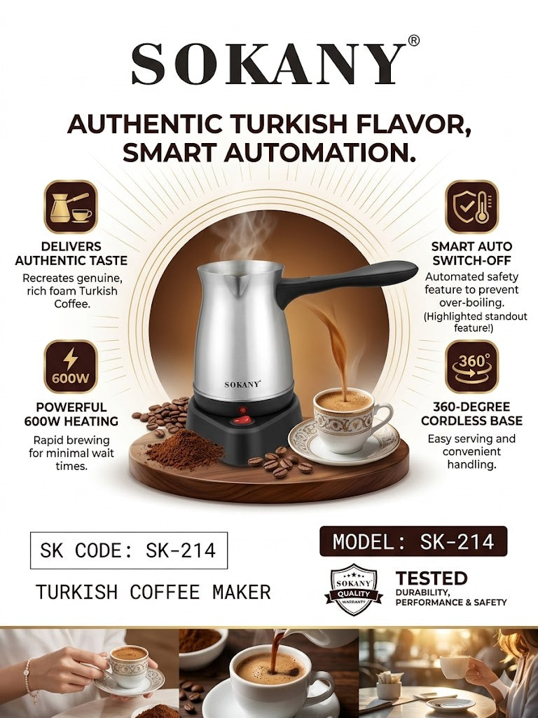 SOKANY Turkish Coffee Maker |  600W | Smart Auto Switch-Off | 360° Cordless Base