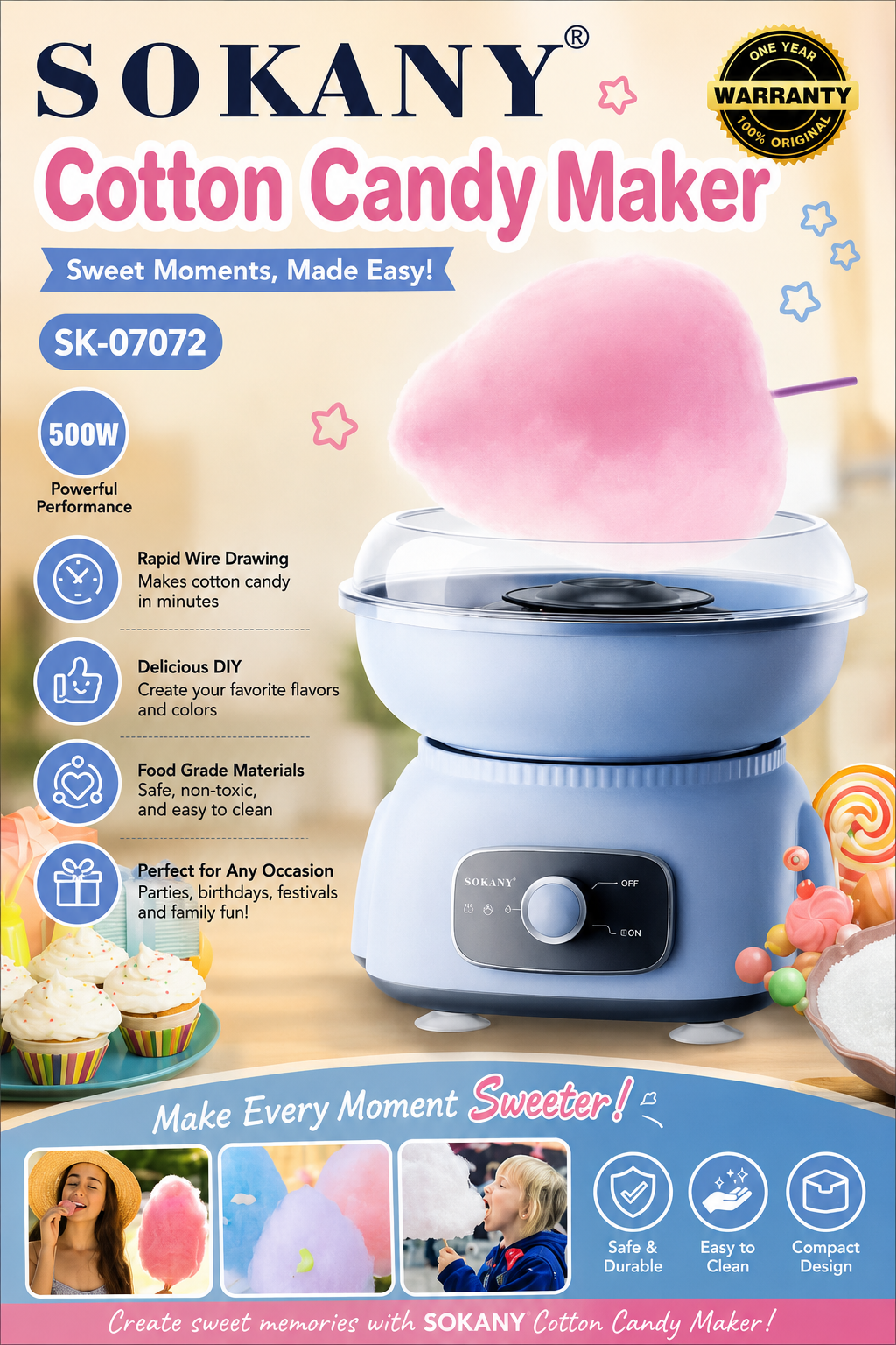SOKANY Cotton Candy Maker |  500W | One-knob control