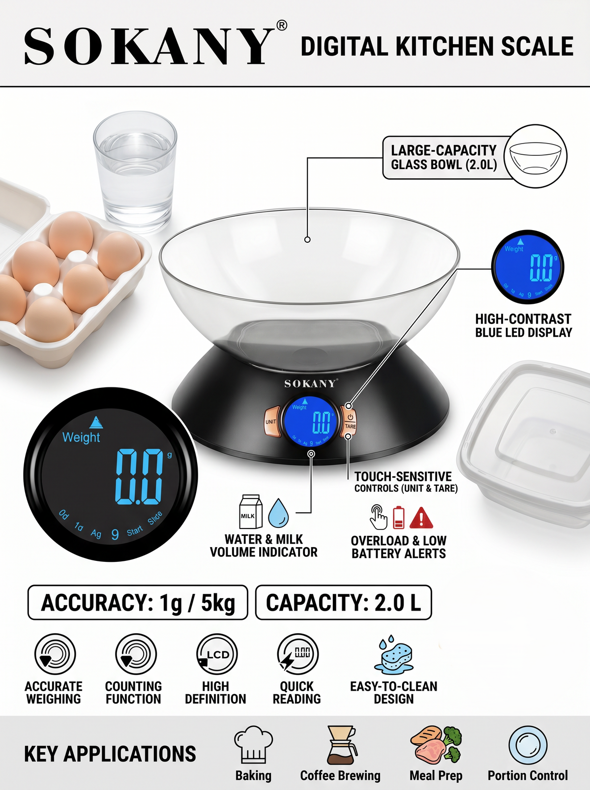 SOKANY 5kg Digital Kitchen Scale with 2L Measuring Bowl | LCD Food Scale