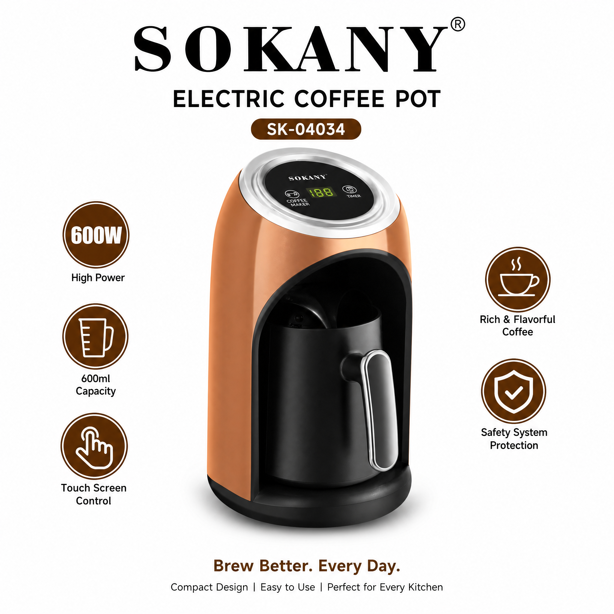SOKANY Electric Coffee Pot | Touch-Screen Control  | 600W | 600ml Capacity
