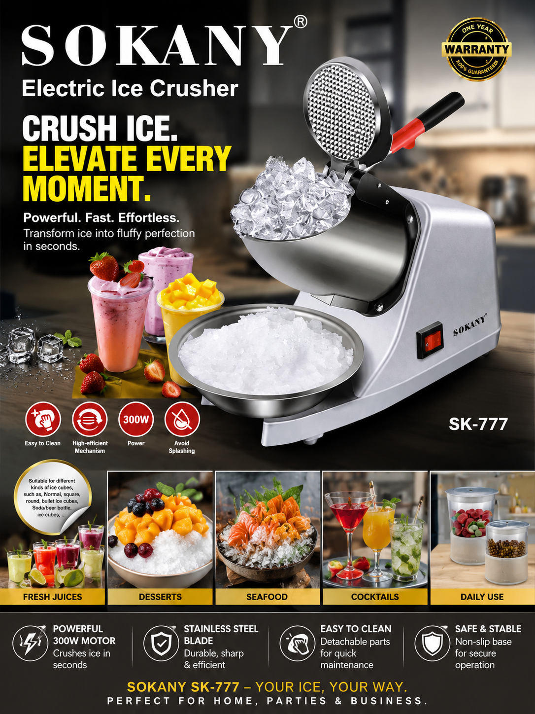 SOKANY Electric Ice Crusher | 300W | Easy To Use Electric Operation