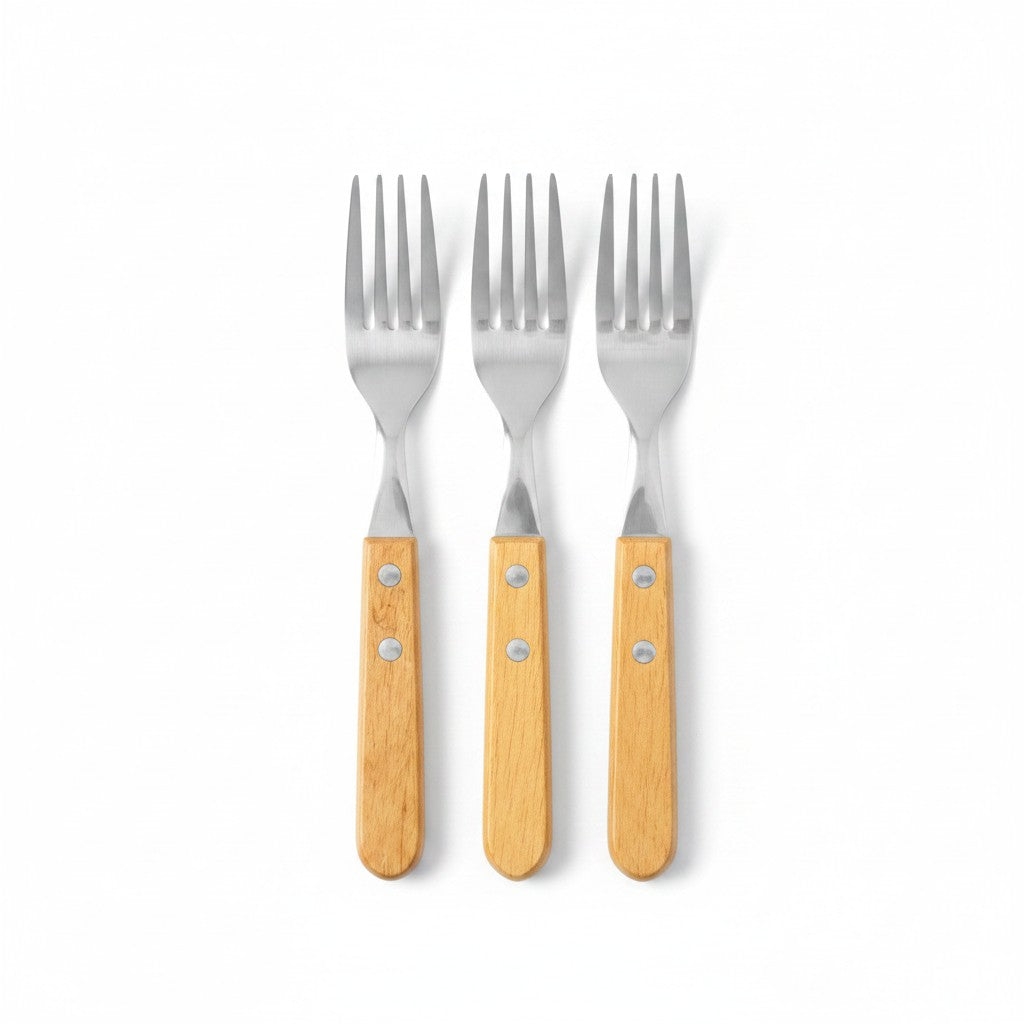 3-Piece Wooden Handle Stainless Steel Fork Set – Rustic Dinner Forks with Double Rivet Handles