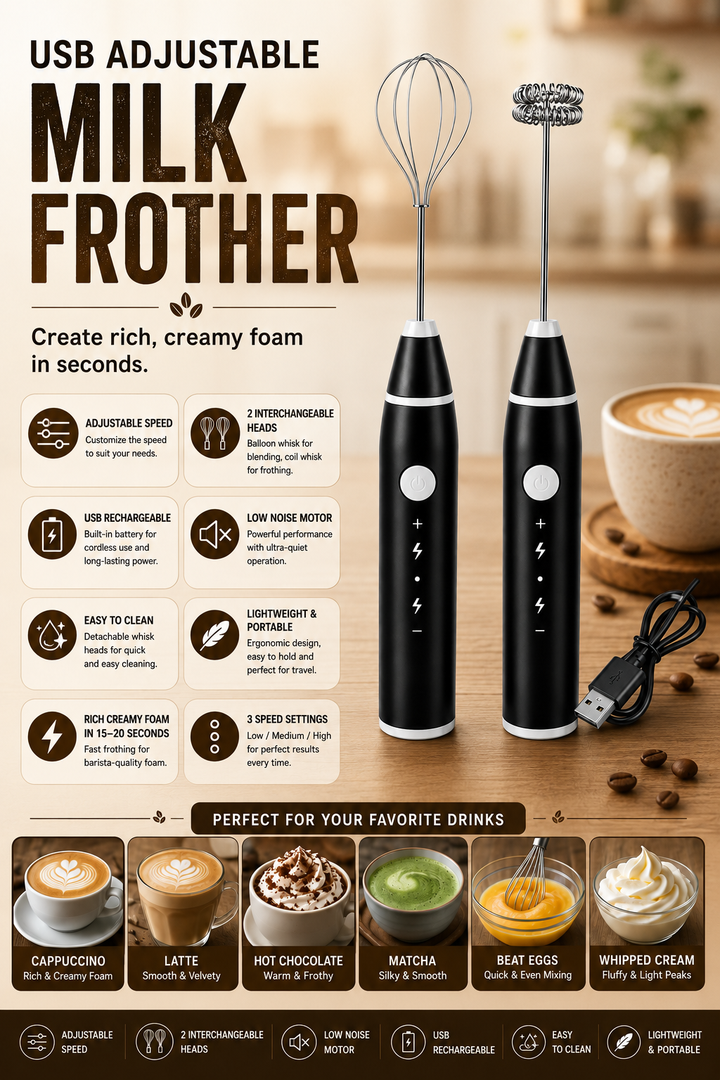 Electric Milk Frother & Hand Mixer | Stainless Steel Whisk