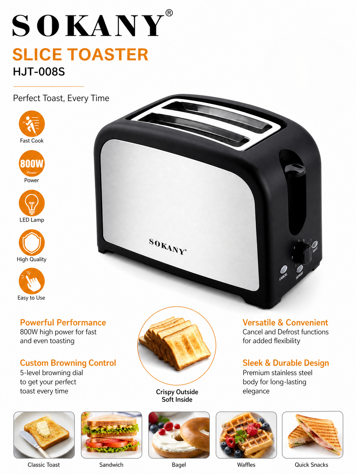 SOKANY 2-Slice Toaster | Extra-Wide Slots | Variable Browning Control