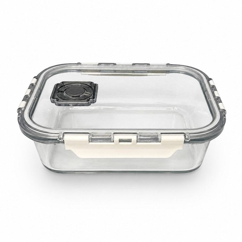 INOUTHOMECO 1L glass food storage container with airtight locking lid and built-in steam vent for meal prep.