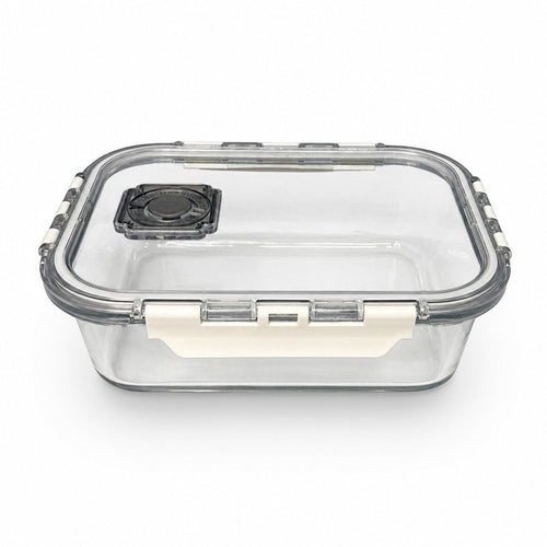 INOUTHOMECO 1L glass food storage container with airtight locking lid and built-in steam vent for meal prep.