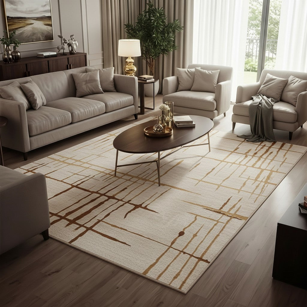 INOUTHOMECO modern abstract area rug with cream, gold, and terracotta grid lines in a contemporary living room.