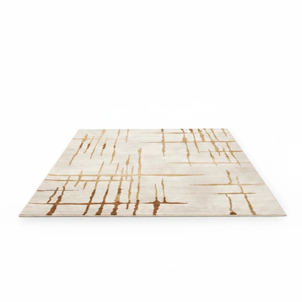 INOUTHOMECO modern abstract area rug with cream and ivory background featuring gold and terracotta crosshatch grid lines.
