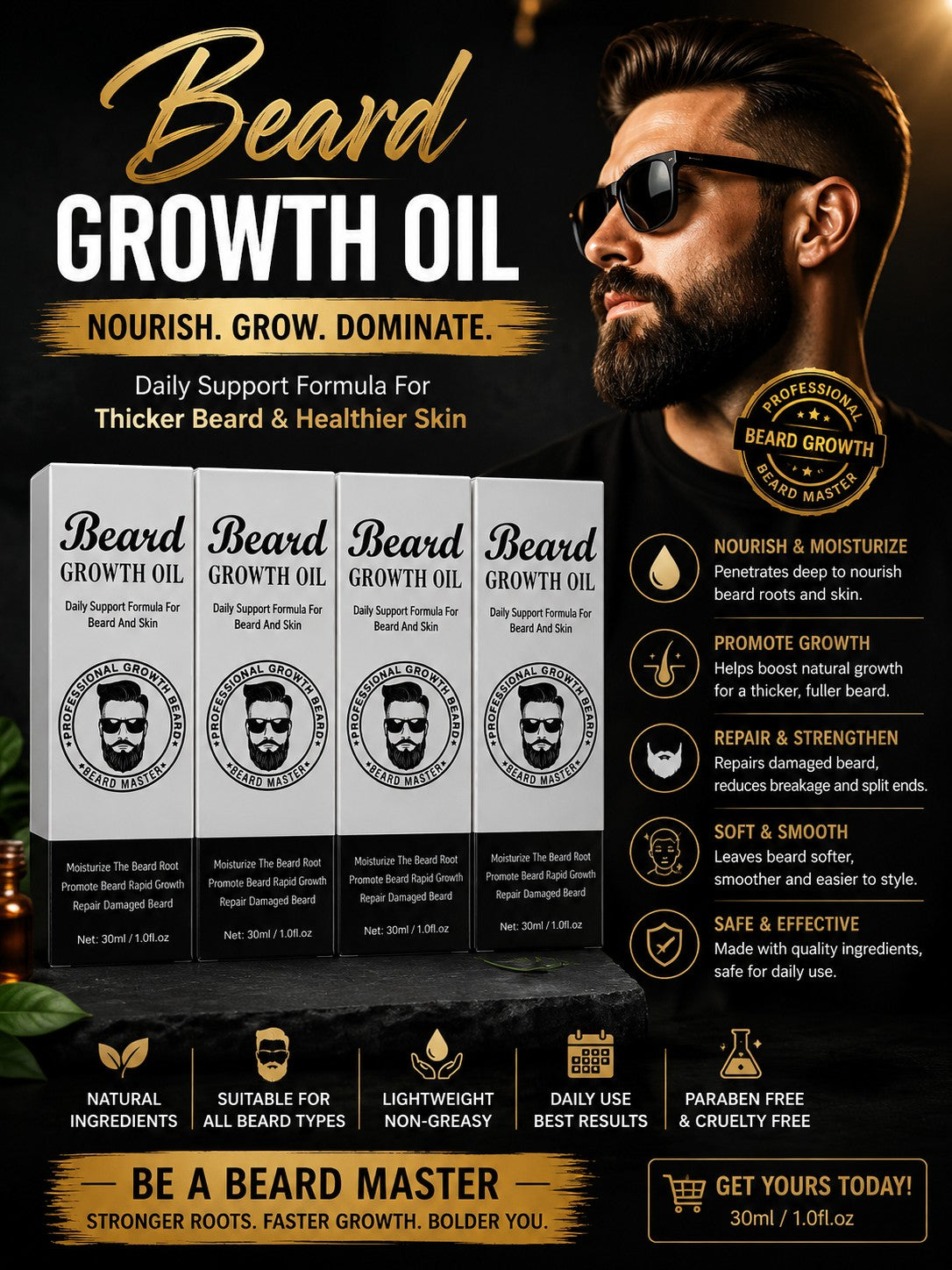INOUTHOMECO 30ml beard growth oil bottles with natural ingredients for thicker, healthier facial hair and skin.