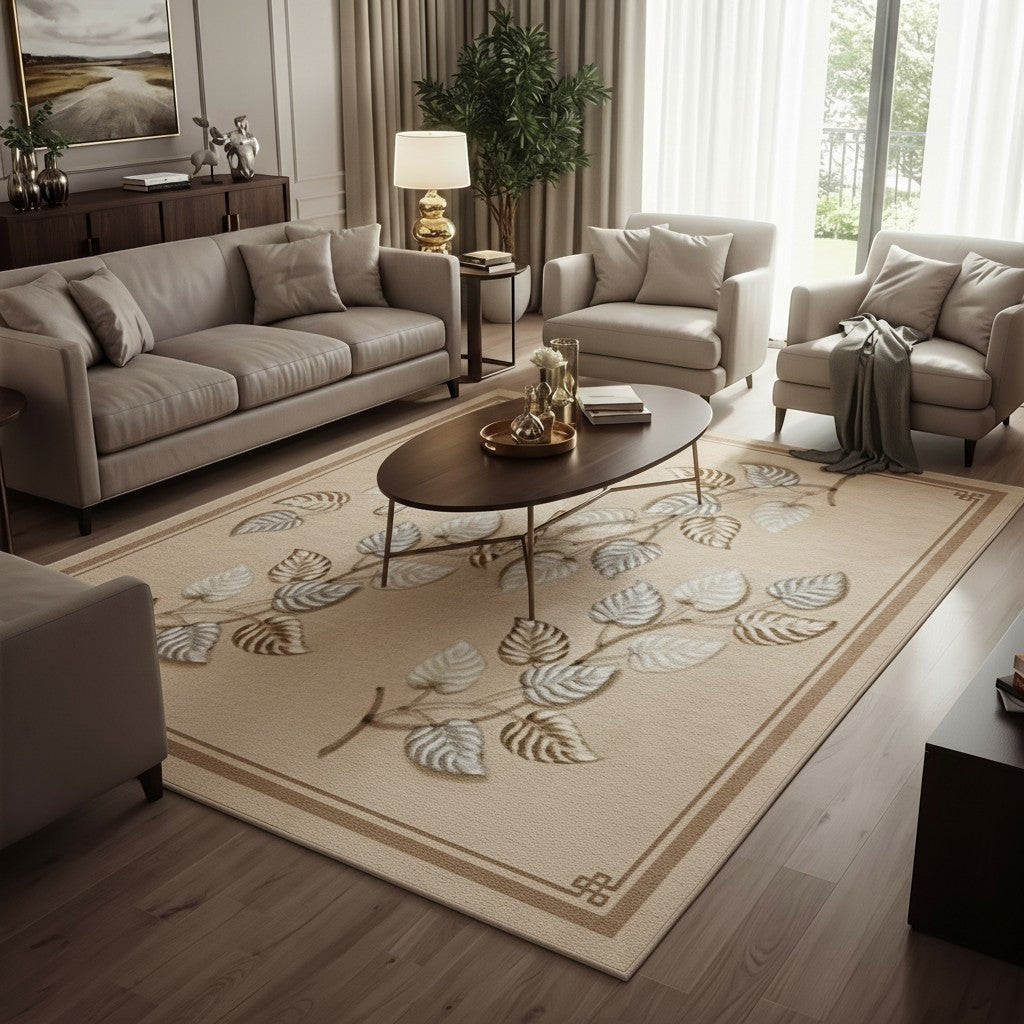 INOUTHOMECO beige area rug with sage green and bronze botanical leaf vines and a classic bordered design in a living room