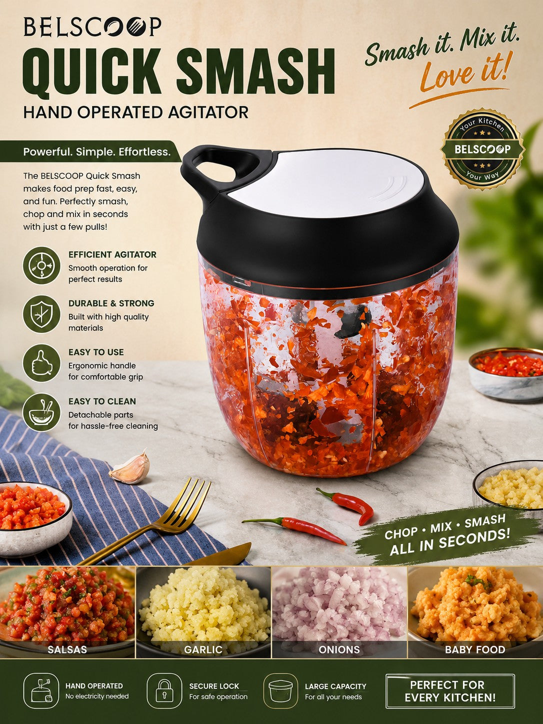 INOUTHOMECO BELSCOOP manual food chopper with transparent bowl filled with chopped chili peppers on a kitchen table.