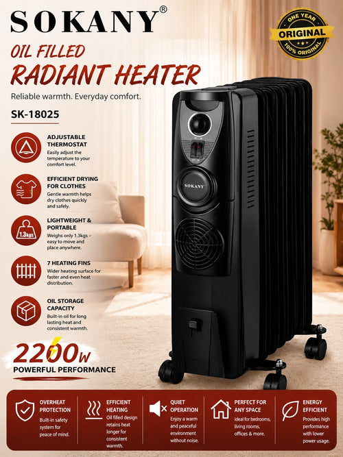 INOUTHOMECO 2200W black 7-fin oil-filled portable radiator heater with smart thermostat and quiet operation