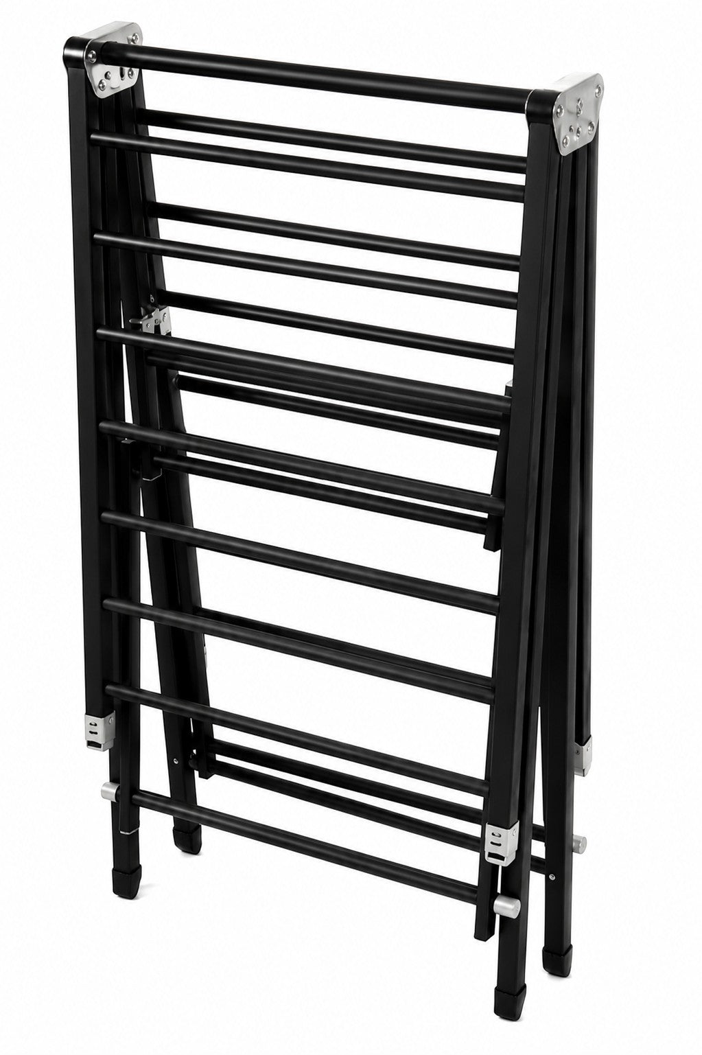 INOUTHOMECO black foldable steel clothes drying rack in a collapsed, space-saving position for easy storage.