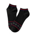 INOUTHOMECO black ankle socks with red and blue striped cuffs and a grey diamond pattern near the toe.