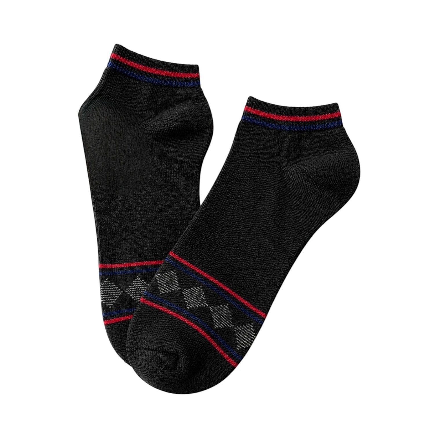 INOUTHOMECO black ankle socks with red and blue striped cuffs and a grey diamond pattern near the toe.