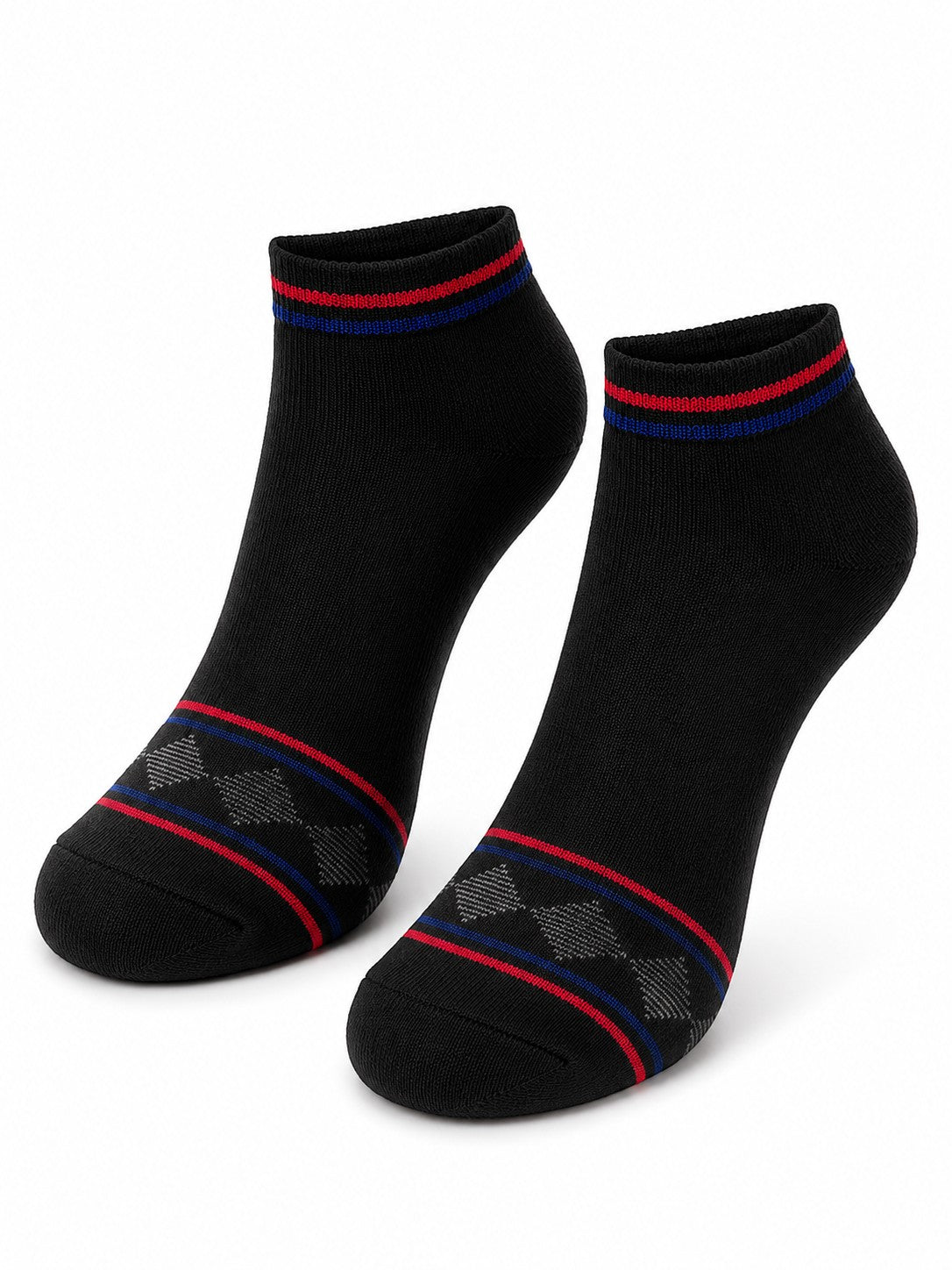 INOUTHOMECO black ankle socks with red and blue striped cuffs and subtle diamond pattern detail for men.