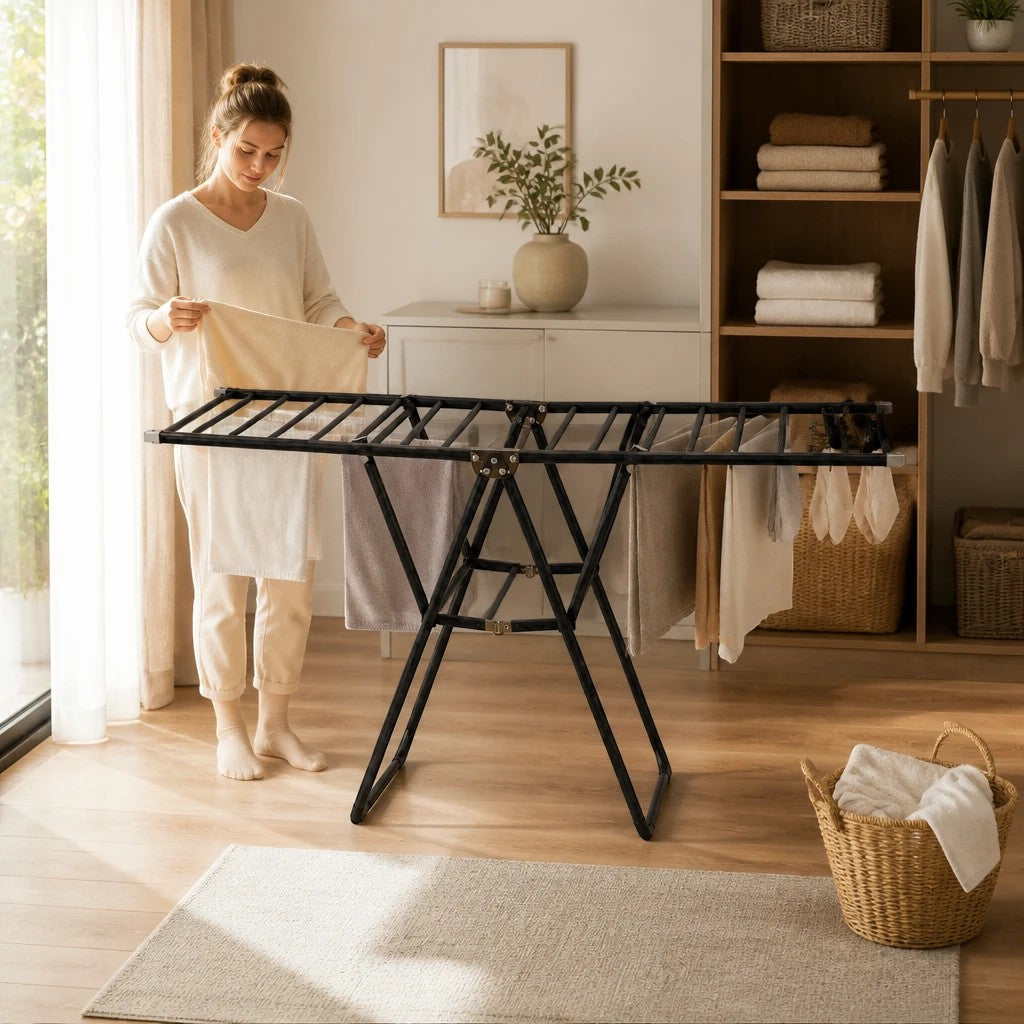 INOUTHOMECO black 2-tier foldable steel clothes drying rack with side wings in a bright, modern laundry room.