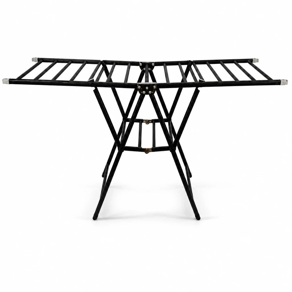 INOUTHOMECO black 2-tier foldable steel clothes drying rack with fold-out side wings for indoor and outdoor use.