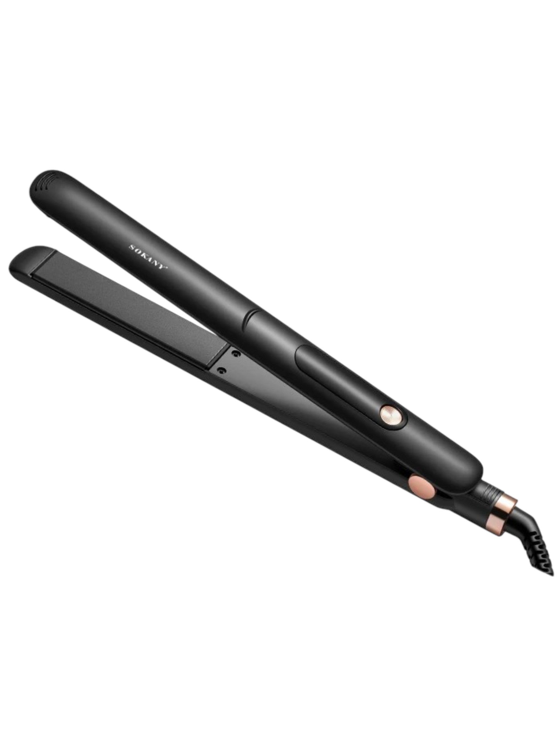 INOUTHOMECO professional ceramic hair straightener in matte black with rose gold accents and ergonomic design.