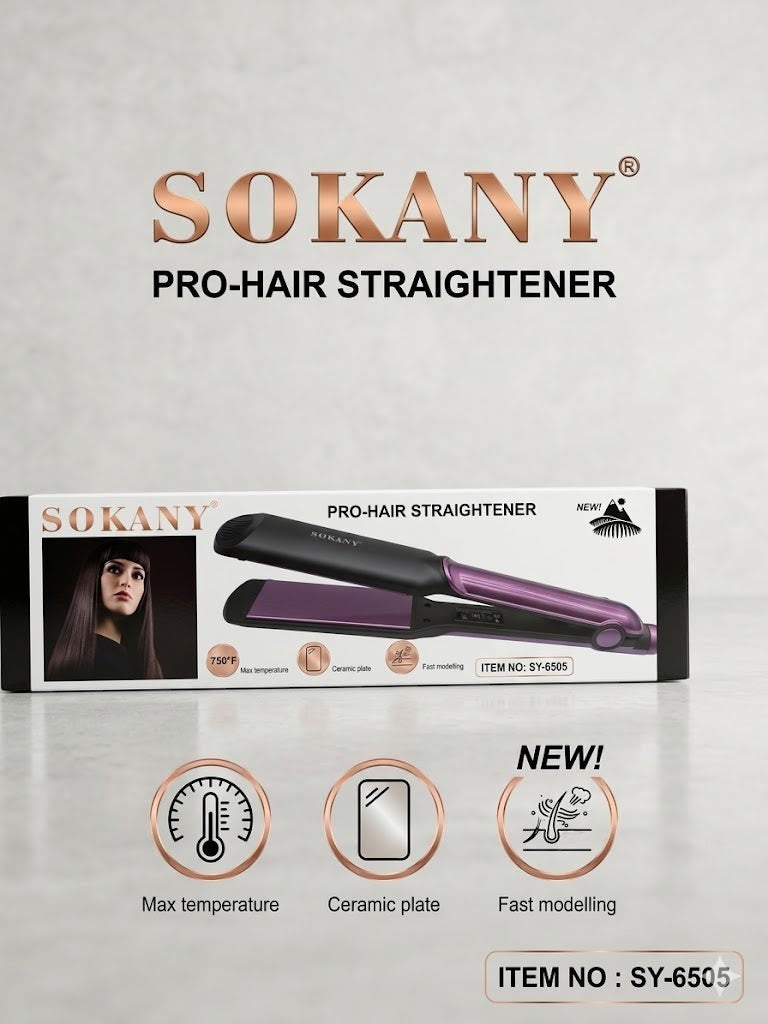 INOUTHOMECO professional ceramic hair straightener with purple plates and swivel cord in its retail packaging box.