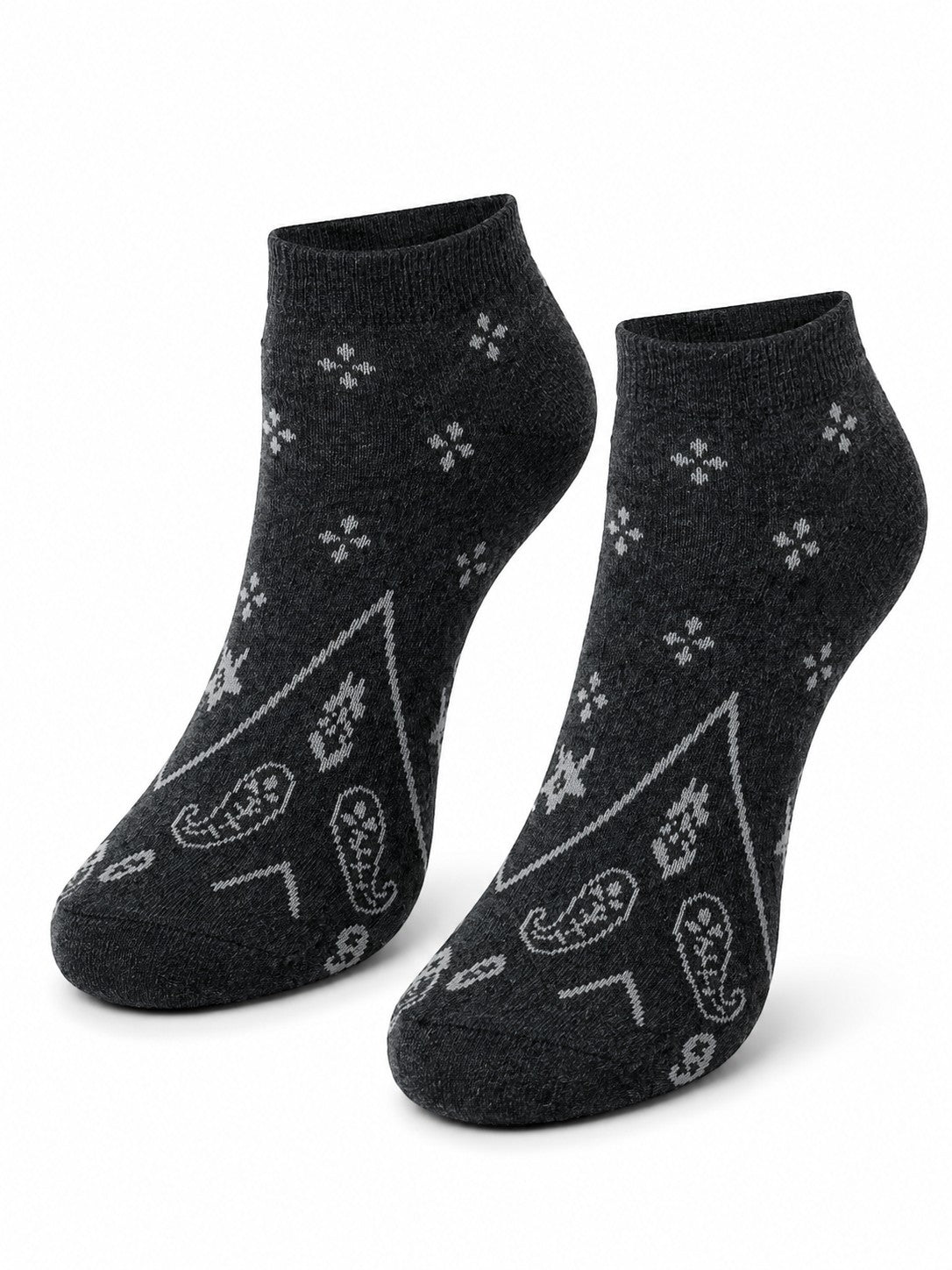 INOUTHOMECO men's charcoal grey ankle socks with a white paisley and geometric pattern for everyday comfort.