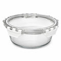 INOUTHOMECO 800ml circular borosilicate glass food container with a clear airtight snap-latch lid on a white background.
