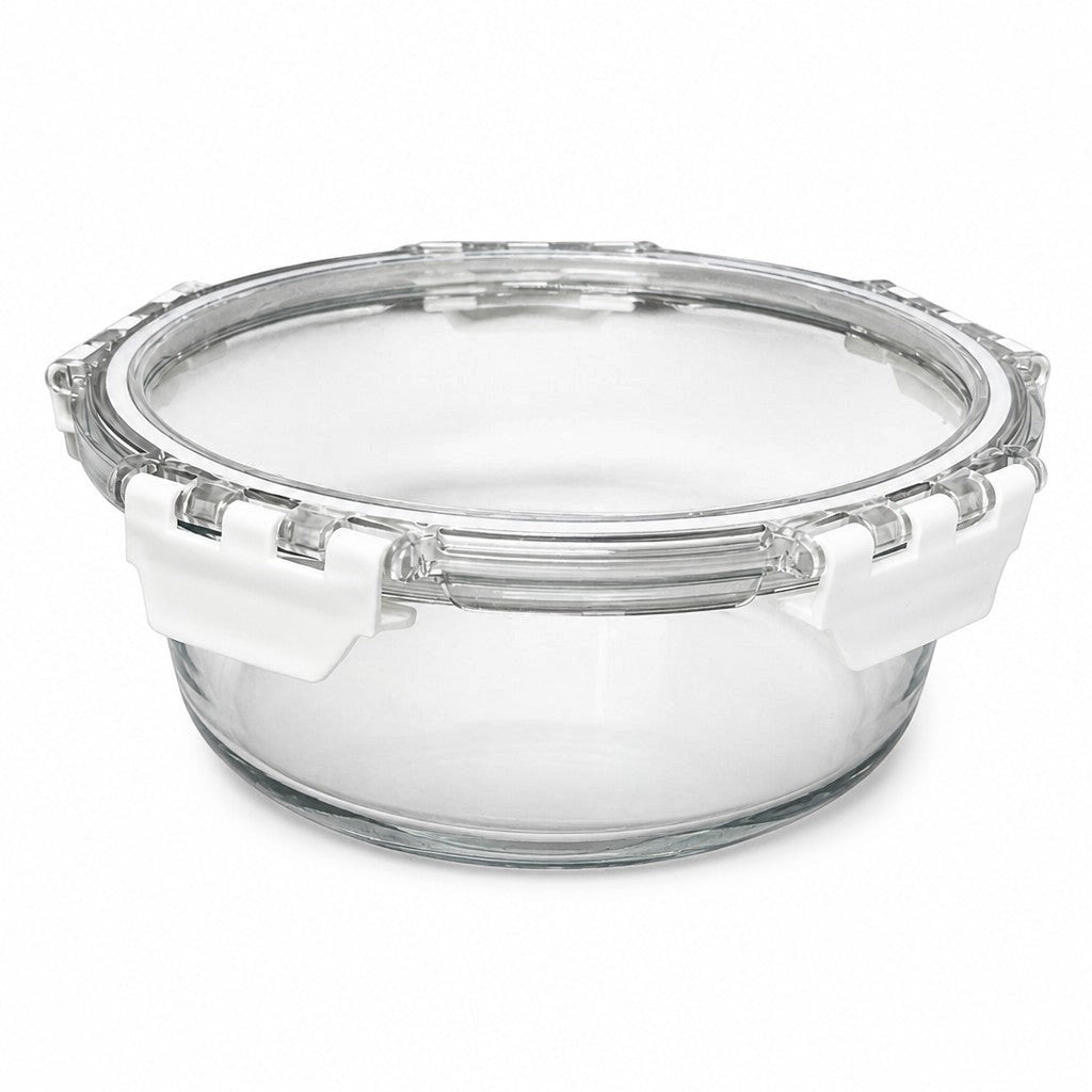 INOUTHOMECO 800ml circular borosilicate glass food container with a clear airtight snap-latch lid on a white background.