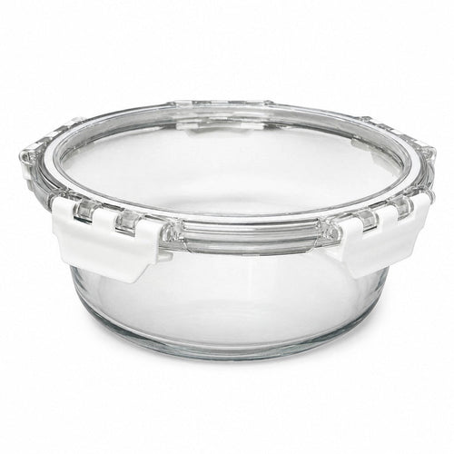 INOUTHOMECO 800ml circular borosilicate glass food container with a clear airtight snap-latch lid on a white background.